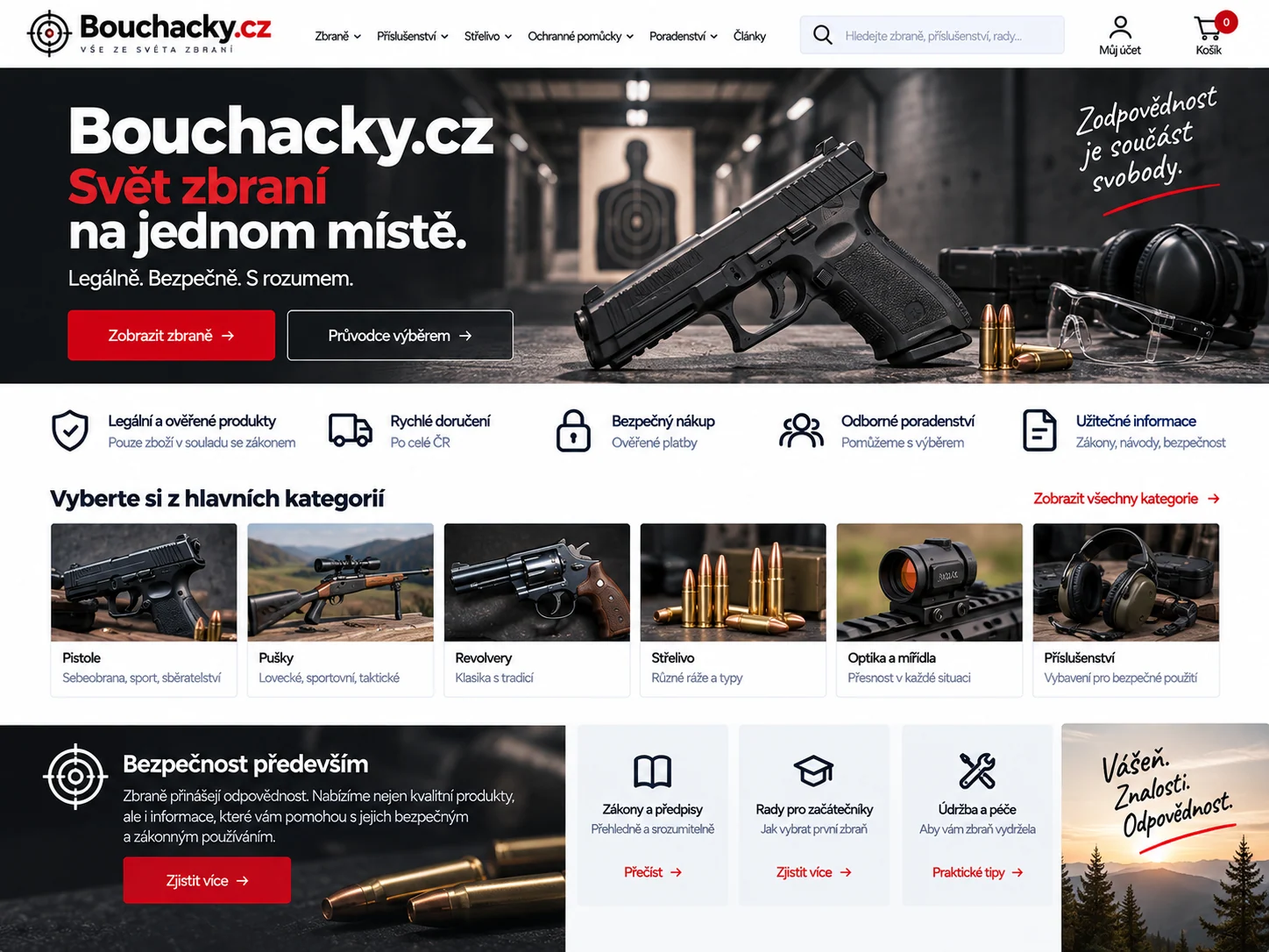 Ilustrační návrh pro Bouchacky.cz: specializovaný web o střelných zbraních, vybavení a bezpečnosti